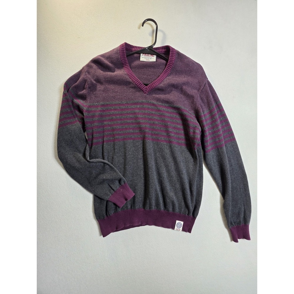 Proline Varsity Men's Medium V-Neck Sweater Gray Purple Striped 100% Cotton